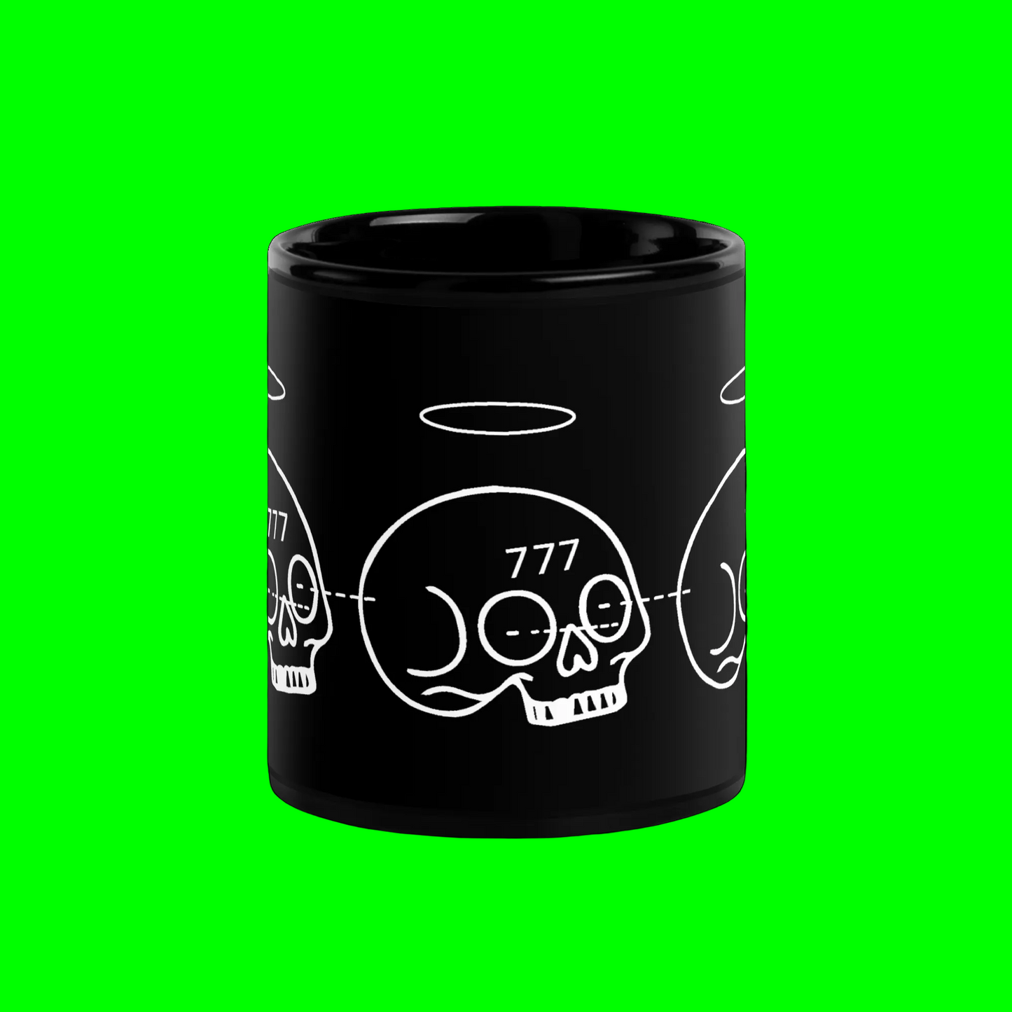 A black ceramic mug featuring a white graphic print of a skull with a halo and the number 777, shown against a solid bright green background.