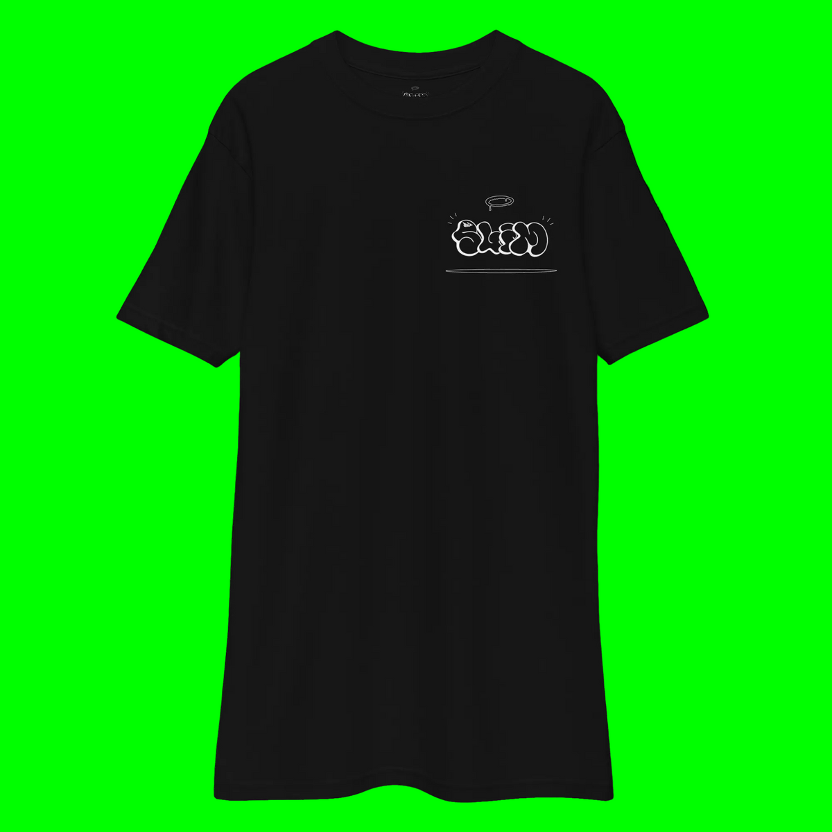 A black short-sleeve crewneck t-shirt with a small white graffiti-style graphic on the left chest, displayed on a solid white background.