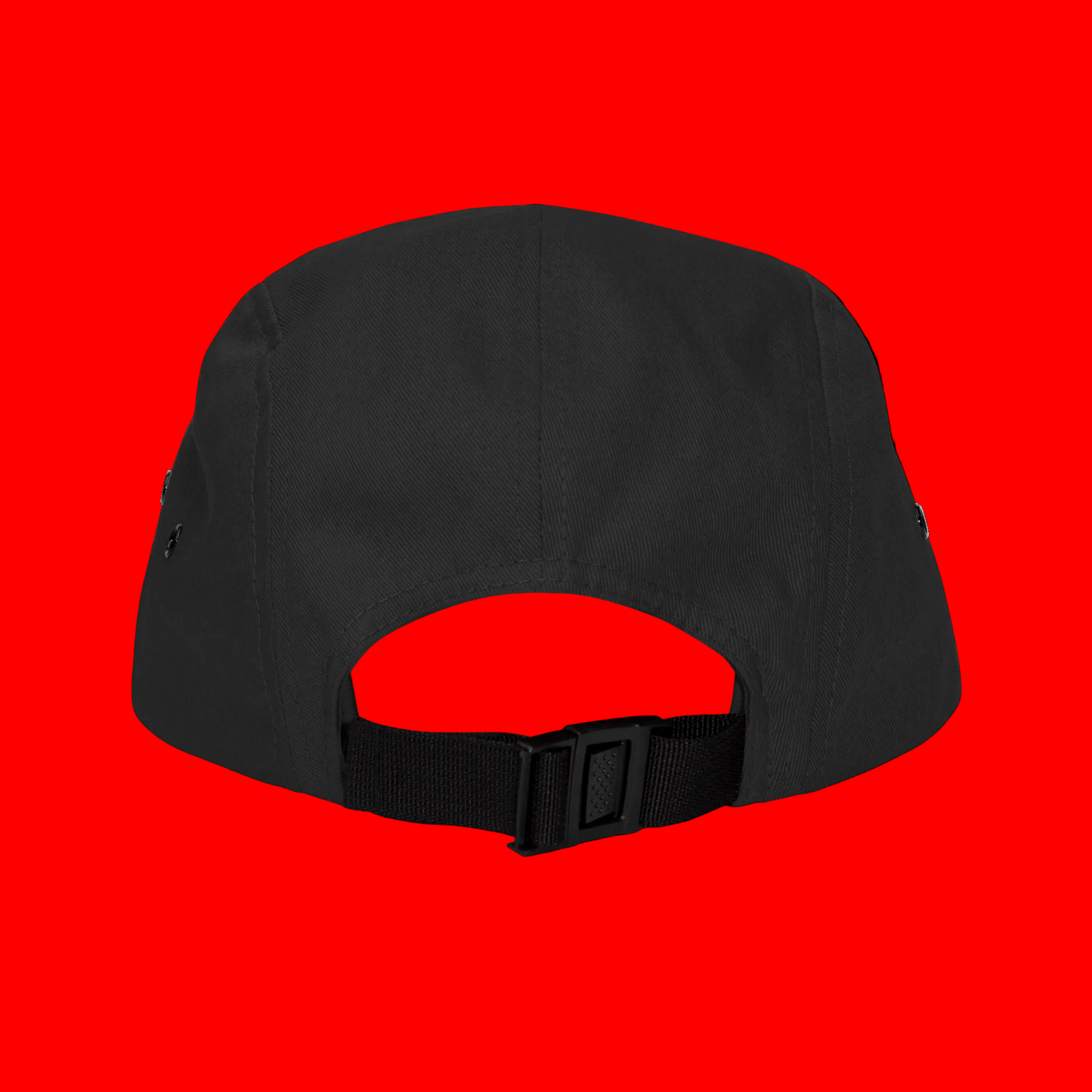 Black cap with a strap on a white background