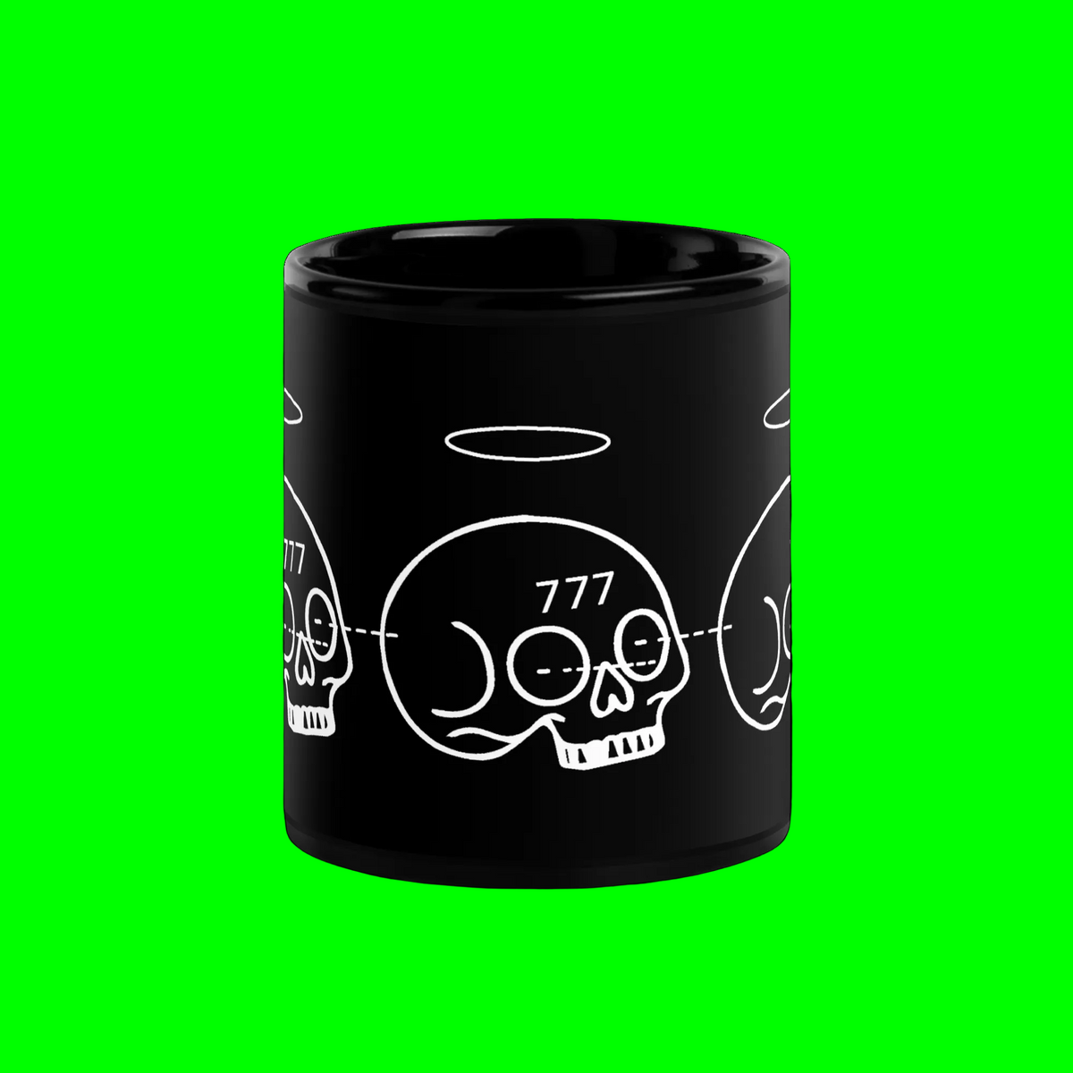 A black ceramic mug featuring a white graphic print of a skull with a halo and the number 777, shown against a solid bright green background.