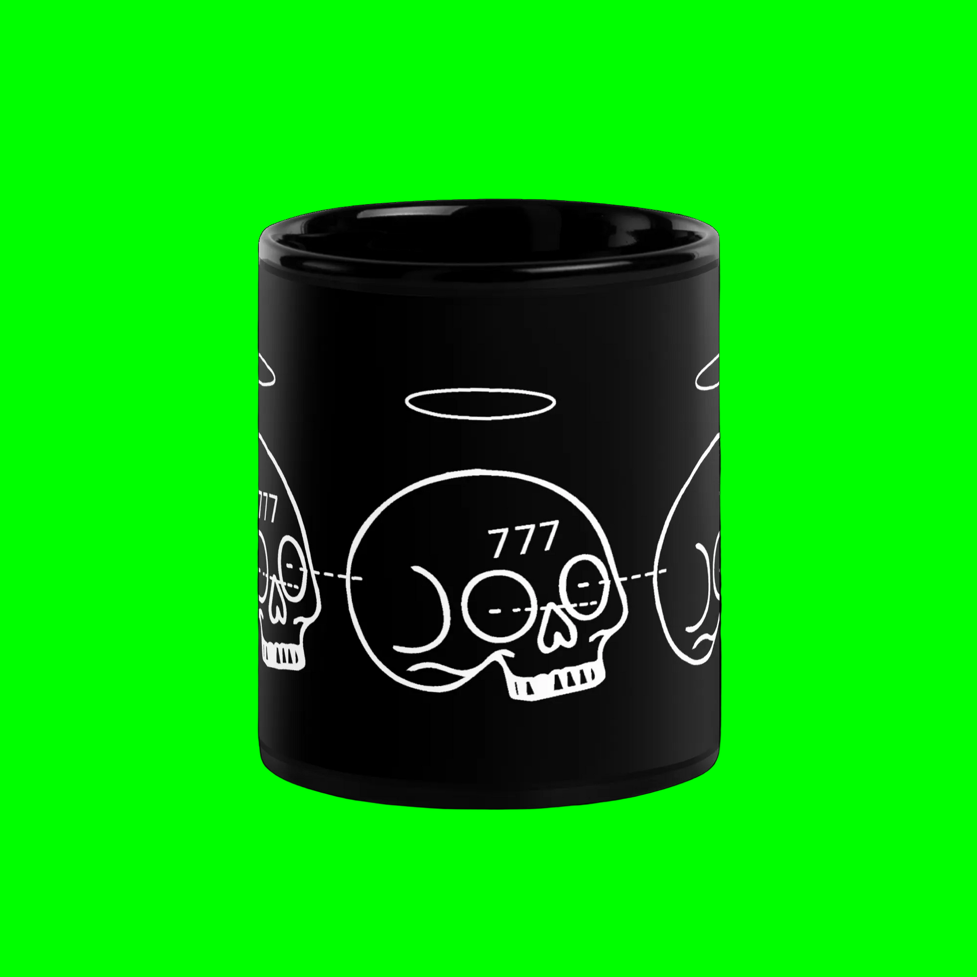 A black ceramic mug featuring a white graphic print of a skull with a halo and the number 777, shown against a solid bright green background.