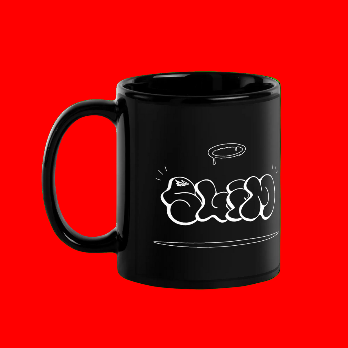 A glossy black ceramic mug with a white graffiti-style graphic spelling 'SLIM' on the side, shown against a solid bright green background.