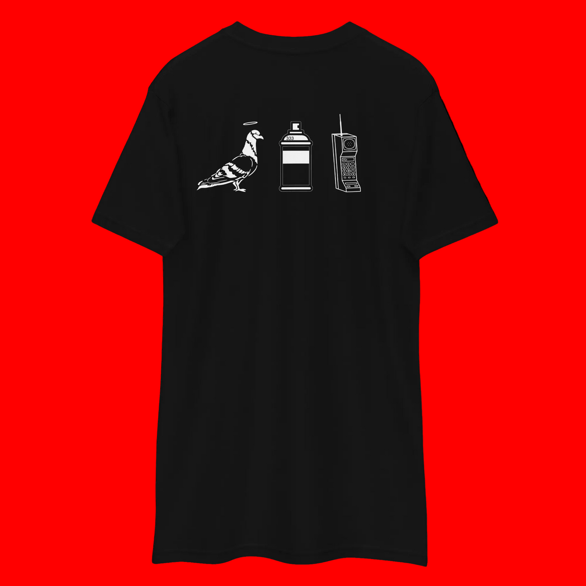 A black short-sleeve t-shirt with a white graphic print on the back depicting a pigeon with a halo, a spray paint can, and a brick phone.