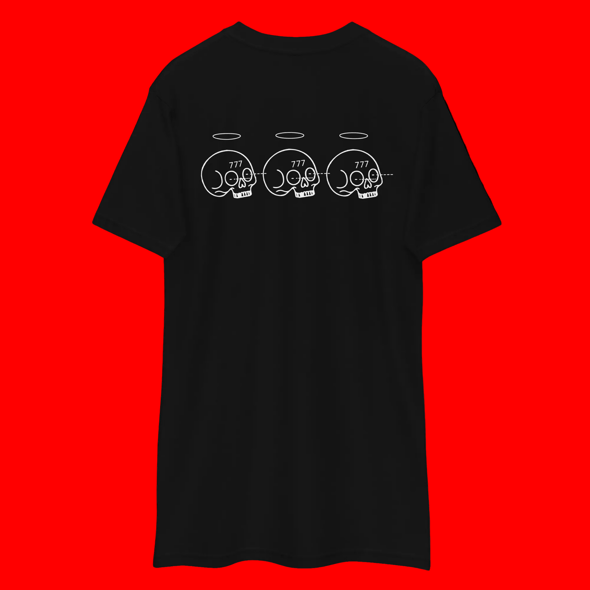 A black short-sleeve t-shirt with a white graphic print on the back showing three skulls with halos and the numbers 777.