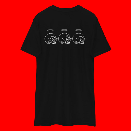 A black short-sleeve t-shirt with a white graphic print on the back showing three skulls with halos and the numbers 777.