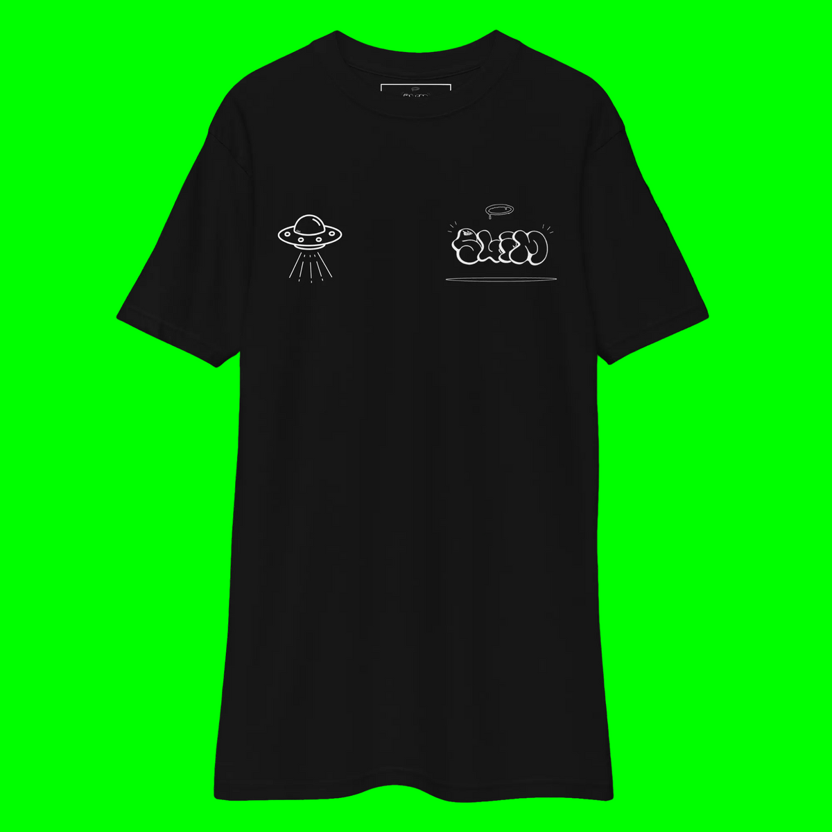A black short-sleeve t-shirt with white graphic prints on the chest, displayed against a solid bright green background.
