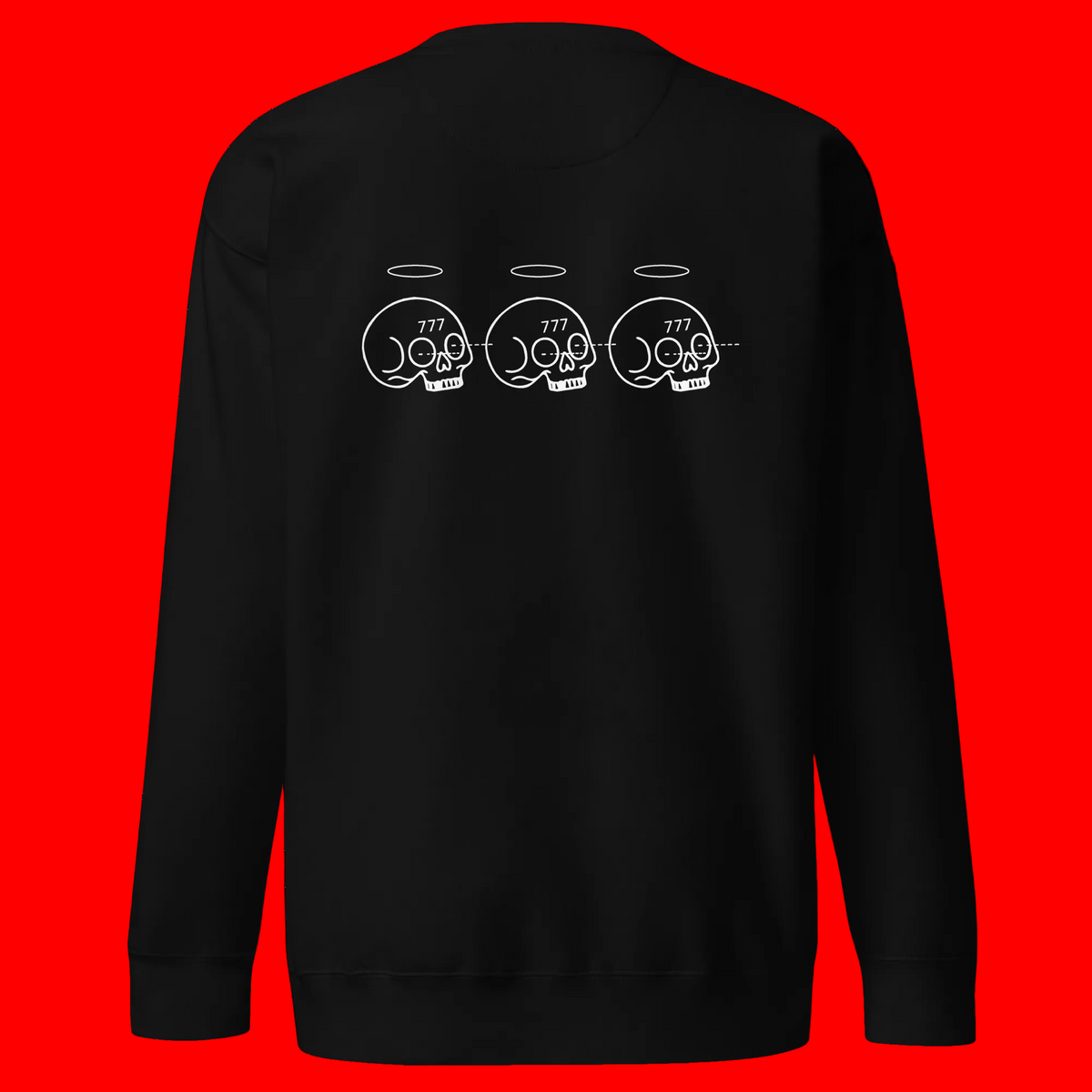A black crewneck sweatshirt shown from the back, featuring a white graphic print of three skulls with halos and the number 777 on a clean white background.