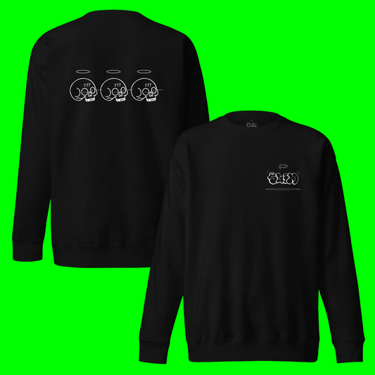 Black crewneck sweatshirt shown from both front and back. The front features a small white graphic on the left chest, and the back features a larger repeating graphic of three skulls with halos across the upper back.